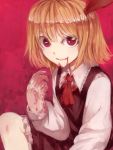  blonde_hair blood blood_on_clothes blood_on_face bloody_clothes red_eyes ribbon rumia smile the_embodiment_of_scarlet_devil touhou youkai 
