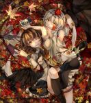  arms_up autumn_leaves black_wings brown_hair bunbunmaru camera covering covering_face covering_mouth detached_sleeves hat hat_removed headwear_removed inubashiri_momiji long_sleeves midriff multiple_girls newspaper red_eyes shameimaru_aya shirt silentdin silver_hair skirt slit_pupils smile touhou wings wink wrist_cuffs wrist_ribbon yellow_eyes 