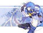  1boy belt black_gloves blue blue_background blue_eyes blue_hair boots buckle character_name fingerless_gloves food gloves hachizowo ice_cream jacket kaito looking_at_viewer male midriff open_clothes pants shirtless title_drop vertical_stripes vocaloid 