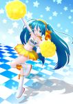  absurdres akahige bare_shoulders checkered checkered_floor cheerleader crop_top hatsune_miku highres midriff navel open_mouth pom_poms shadow smile solo star twintails vocaloid wink 