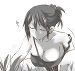  1girl absurdres breasts cleavage closed_eyes dripping dyson_(edaokunnsaikouya) grass highres large_breasts monochrome original short_hair short_shorts shorts simple_background solo squatting strap_slip sweat white_background 
