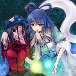  beret blue_eyes blue_hair dress flower geung_si grin hair_ornament hair_rings hair_stick hat jiangshi kaku_seiga miyako_yoshika multiple_girls ofuda open_mouth outstretched_arms pale_skin shawl short_hair skirt smile star touhou umi_hare zombie_pose 