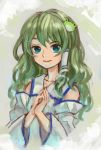  ama-tou bust detached_sleeves dress face frog green_eyes green_hair hair_ornament hands_clasped hands_together kochiya_sanae long_hair smile snake solo touhou white_dress 
