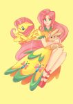  angel_(my_little_pony) bunny dress fluttershy gomigomipomi green_eyes legs long_hair my_little_pony my_little_pony:_friendship_is_magic my_little_pony_friendship_is_magic pegasus personification pink_hair rabbit shoes smile very_long_hair yellow yellow_background yellow_dress 