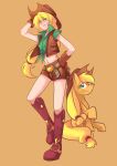  apple applejack belt belt_buckle blonde_hair boots cowboy_hat dual_persona food food_themed_clothes freckles fruit gloves gomigomipomi green_eyes hand_on_hat hand_on_hip hat holding holding_hat long_hair low-tied_long_hair midriff my_little_pony my_little_pony:_friendship_is_magic my_little_pony_friendship_is_magic orange_background personification ponytail shorts tied_shirt vest western 