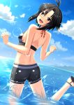  ahoge bikini black_hair cloud highres idolmaster kikuchi_makoto ocean open_mouth sandals short_hair shorts splash splashing swimsuit tog_(shoten) 