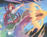  china_dress chinese_clothes cloud hat highres hong_meiling kicking long_hair morino_hon open_mouth outstretched_arm pants red_hair redhead scales shoes sky star touhou twin_braids 