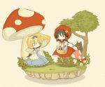  alice_in_wonderland alice_margatroid alternate_costume basket blush bottle bunny hakurei_reimu hood ico_(engawa_roman) ico_(pixiv296601) little_red_riding_hood multiple_girls mushroom rabbit touhou tree wolf yin_yang 