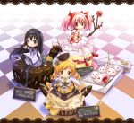  :3 akemi_homura black_hair blonde_hair boots bow_(weapon) breasts checkered checkered_floor chibi corset cupcake dress drill_hair flower fork hair_ribbon hairband hm_(hmongt) kaname_madoka kyubey long_hair magical_girl mahou_shoujo_madoka_magica multiple_girls pantyhose pink_eyes pink_hair pleated_skirt purple_eyes ribbon rose short_twintails sitting skirt taut_shirt thigh-highs thighhighs tomoe_mami translated twintails violet_eyes weapon yellow_eyes 