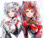  ayanami_rei blue_eyes blue_hair gloves highres igau long_hair multiple_girls neon_genesis_evangelion plugsuit red_eyes red_hair redhead short_hair sketch soryu_asuka_langley souryuu_asuka_langley 