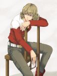  barnaby_brooks_jr belt blonde_hair blue_eyes boots chair frame glasses jacket jewelry male merryluce necklace photo photo_(object) red_jacket sitting sitting_backwards solo studded_belt tiger_&amp;_bunny 