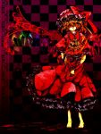  alternate_wings ascot bad_id barefoot blonde_hair blood bow checkered checkered_background embellished_costume flandre_scarlet hat hat_bow highres huruiti petticoat red skirt skirt_set solo standing the_embodiment_of_scarlet_devil touhou wings wrist_cuffs 