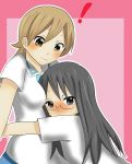  2girls aioi_yuuko between_breasts black_eyes black_hair blush breast_smother breasts brown_eyes brown_hair glasses head_between_breasts hug long_hair minakami_mai multiple_girls nichijou school_uniform short_hair taigaa wavy_mouth yuri 