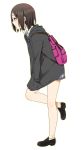  1girl backpack bag blazer blush brown_eyes brown_hair earphones hands_in_pockets highres mattaku_mousuke original pleated_skirt school_uniform short_hair skirt solo 