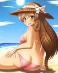  1girl ass bikini breasts brown_hair butt_crack green_eyes hat large_breasts long_hair ocean open_mouth original shin&#039;en_(gyokuro_company) smile solo swimsuit very_long_hair water wet 