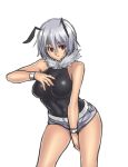  bee_girl bracelet breasts collar female fur_trim highres houtengeki insect_girl jewelry large_breasts liu_li monster_girl original personification red_eyes school_shock short_hair shorts silver_hair simple_background sleeveless solo white_hair wrist_cuffs 