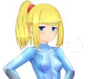  blue_eyes blush bodysuit breasts collarbone highres metroid nintendo ponytail samus_aran simple_background skin_tight smile solo vixen_(stinger) vixen_stinger zero_suit 