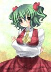  alternate_hairstyle ascot blush breast_hold breasts crossed_arms frown green_hair hair_ribbon highres kazami_yuuka nenekoneko plaid plaid_skirt plaid_vest red_eyes ribbon shirt skirt skirt_set solo touhou twintails unmoving_pattern vest youkai 