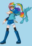  black_legwear blue blue_background boots denim denim_shorts goggles goggles_on_head gomigomipomi jacket long_hair multicolored_hair my_little_pony my_little_pony:_friendship_is_magic my_little_pony_friendship_is_magic open_mouth pegasus personification rainbow_dash rainbow_hair red_eyes shorts thigh-highs thigh_boots thighhighs zettai_ryouiki 