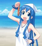  blue_eyes blue_hair dress eating hat ikamusume isou_nagi long_hair shinryaku!_ikamusume shrimp tentacle_hair 