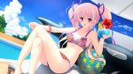  bare_legs beachball bikini bracelet cloud crossed_legs drink game_cg hair_ribbon holding hoshikawa_maiki jewelry kimi_wo_aogi_otome_wa_hime_ni legs_crossed long_hair navel pink_eyes pink_hair pool purple_eyes ribbon satou_satoru sitting sky solo star star_print swimsuit tree twintails wallpaper water 