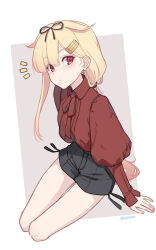  1girl alternate_costume alternate_hairstyle anchor_earrings black_ribbon black_shorts blonde_hair closed_mouth collared_shirt commentary_request dan_(kumadan) earrings gradient_hair hair_flaps hair_ornament hair_ribbon hairclip highres jewelry juliet_sleeves kantai_collection long_hair long_sleeves looking_at_viewer low_ponytail multicolored_hair neck_ribbon pink_hair ponytail puffy_sleeves red_eyes red_shirt ribbon shirt short_shorts shorts sitting solo very_long_hair yuudachi_(kancolle) yuudachi_kai_ni_(kancolle) 