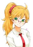  bespectacled blonde_hair glasses green_eyes hoshii_miki idolmaster nagian necktie scrunchie side_ponytail smile solo 
