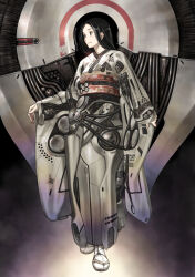  1girl armor black_eyes black_hair cable closed_mouth full_body furisode_sleeves grey_kimono japanese_clothes kimono light_smile long_sleeves looking_to_the_side machine obi ogata_kouji original red_sash sandals sash science_fiction sleeves_past_wrists socks solo standing tabi tube white_socks zouri 