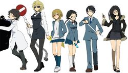  black_hair blonde_hair blue_eyes bodysuit bowtie breasts brown_eyes cellphone celty_sturluson durarara!! genderswap glasses headless heiwajima_shizuo high_heels jacket kida_masaomi kishitani_shinra labcoat large_breasts legs miniskirt orihara_izaya pantyhose phone photoshop red_eyes ryuugamine_mikado school_uniform shoes sign skirt sonohara_anri sunglasses sword twintails vest weapon 