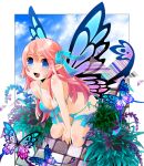  blue_eyes breasts butterfly butterfly_wings cleavage fairy fairy_wings fang flower front-tie_top long_hair moonyan original pink_hair plant pointy_ears ribbon side-tie_bikini solo swimsuit thigh_strap wings 