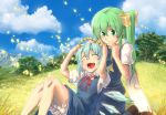  2girls bloomers blue_hair bow cirno closed_eyes daiyousei flower friends green_eyes green_hair head_wreath headband landscape laughing looking_down meadow mountain multiple_girls nature nichi_doriimu open_mouth outdoors petals ribbon short_hair side_ponytail smile touhou wings 