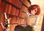  1girl black_eyes book brown_hair cat library open_mouth original shigure_ui short_hair solo 