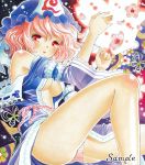  breasts butterfly flower hands hat legs off_shoulder open_clothes open_shirt panties pink_hair red_eyes saigyouji_yuyuko sample shirt short_hair solo striped striped_panties touhou underboob underwear 