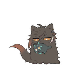  2boys animal animal_focus animalization black_fur brown_fur cat commentary_request forehead_jewel genshin_impact hair_ornament highres holding holding_animal holding_cat multiple_boys nasuka_gee size_difference xiao_(genshin_impact) yellow_eyes zhongli_(genshin_impact) 