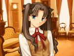  1girl black_hair bowtie chair clock fate/stay_night fate_(series) girl living_room long_hair looking_at_viewer ribbon school_uniform screencap screenshot solo tohsaka_rin twintails 