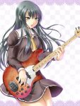  bass_guitar black_eyes black_hair checkered checkered_background instrument long_hair mochi.f school_uniform skirt 