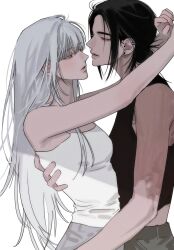  2girls arms_around_neck arms_up black_hair blunt_bangs breasts brown_eyes ear_piercing earrings eriol_s2 face-to-face hair_bun highres jewelry long_hair medium_breasts multiple_girls multiple_piercings original parted_lips piercing profile red_eyes short_hair sidelocks simple_background single_hair_bun sleeveless tank_top very_long_hair white_background white_tank_top 
