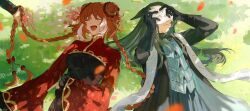  1boy 1girl 1other animal_ears black_gloves black_hair black_robe braid braided_bun braided_twintails china_dress chinese_clothes closed_eyes covering_face covering_own_eyes double_bun dress ears_down falling_petals gloves grass hair_bun heishou_pack-wu_branch_(identity)_(project_moon) highres holding hongyuan_(identity)_(project_moon) horse_ears ishmael_(project_moon) limbus_company long_hair long_sleeves lying multiple_braids on_back on_ground open_mouth orange_hair out_of_frame outdoors petals project_moon robe sleepinginice41 smile stole tears twin_braids very_long_hair wide_sleeves yi_sang_(project_moon) 