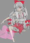  bandage bandage_over_one_eye bandages barefoot fujiwara_no_mokou hair_ribbon heart highres long_hair mouth_hold outstretched_arm outstretched_hand puraisuresu red_eyes ribbon simple_background sitting solo suspenders torn_clothes touhou 