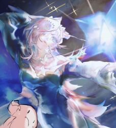  blonde_hair blue_dress blue_eyes casting_spell chromatic_aberration colorful dress glowing highres light_rays luma_(mario) rosalina space star_(symbol) sunbeam sunlight super_mario_bros. super_mario_galaxy wand xia_yu 