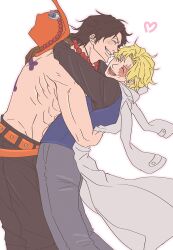  2boys belt black_hair black_shirt black_shorts blonde_hair blue_vest closed_eyes coat coat_on_shoulders commentary_request feet_out_of_frame freckles from_side grey_pants hat hat_on_back heart highres hug korean_commentary kuni_929 male_focus multiple_boys one_piece open_mouth orange_hat pants parted_lips portgas_d._ace sabo_(one_piece) scar scar_across_eye scar_on_face shirt shorts simple_background smile topless_male vest white_background white_coat 