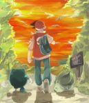  1boy bag baseball_cap bulbasaur goro_nyanko hat pokemon pokemon_(creature) pokemon_special poliwhirl red_(pokemon) shadow sunset walking 