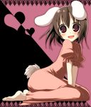  barefoot brown_hair bunny_ears bunny_tail dress heart inaba_tewi kneeling kujiran looking_at_viewer open_mouth rabbit_ears red_eyes short_hair sitting smile tail touhou v_arms wariza 