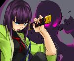  bad_id blue_eyes bodysuit glaring glowing glowing_eyes katana nakoru-san oekaki purple_hair ribbon robe samurai_(7th_dragon) shadow skin_tight sword weapon 