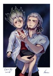  2boys absurdres beard commentary dr._stone english_commentary equation facial_hair father's_day father_and_child father_and_son gradient_hair green_hair highres ishigami_byakyuya ishigami_senkuu lutaerian male_focus multicolored_hair multicolored_outline multiple_boys parent_and_child spiky_hair split-color_hair tall_hair two-tone_hair white_hair 