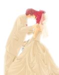  1girl asbel_lhant bouquet brown_hair cheria_barnes dress elbow_gloves flower gloves kiss mathuri red_hair redhead tales_of_(series) tales_of_graces tuxedo wedding wedding_dress white white_background 