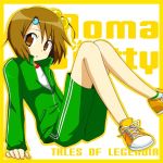  alternate_costume brown_eyes brown_hair character_name coat gym_shorts gym_uniform hair_bobbles hair_ornament kiiro norma_beatty shoes short_hair sitting sneakers tales_of_(series) tales_of_legendia title_drop 