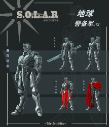  absurdres artist_name chinese_commentary chinese_text commentary_request copyright_name full_body hand_up highres holding holding_weapon looking_up machine mr_goblin multiple_views original rain reference_sheet robot standing translation_request weapon 