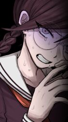  1girl black_background black_hair black_shirt braid collared_shirt danganronpa:_trigger_happy_havoc danganronpa_(series) danganronpa_3_(anime) danganronpa_another_episode:_ultra_despair_girls eyelashes fukawa_toko glasses hair_between_eyes highres mole mole_under_mouth neckerchief red_neckerchief round_eyewear sailor_collar shirt simple_background solo suzuki_2nd twin_braids twintails white_sailor_collar 