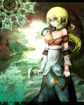  alternate_hairstyle arm_warmers bare_shoulders blonde_hair earrings green_eyes hammer highres jewelry kusakanmuri long_hair mizuhashi_parsee nail necklace pointy_ears shirt_slip solo touhou 